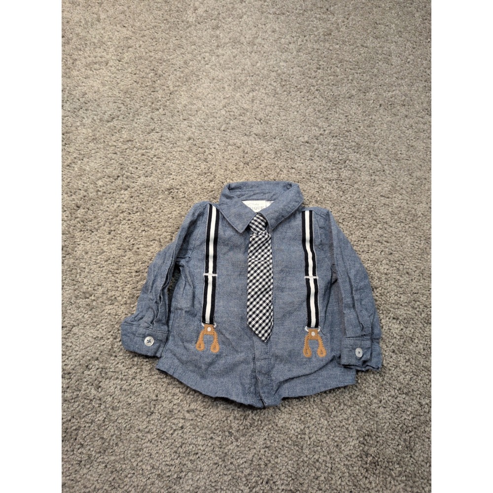 Koala Baby Boutique Boys 3M Blue Chambray Shirt Faux Suspenders Gingham Tie